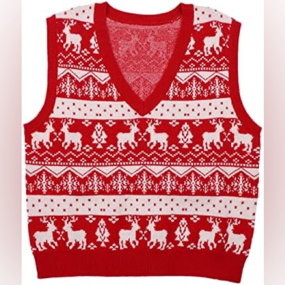 MOUSYA Christmas Sleeveless Sweater Vest Reindeer Knitted B Neck Red Medium NIB